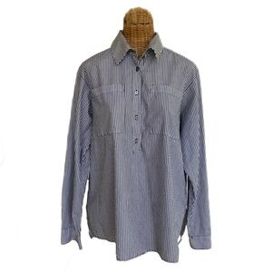 FRAME Striped Cotton Collar Henley White Navy Blue